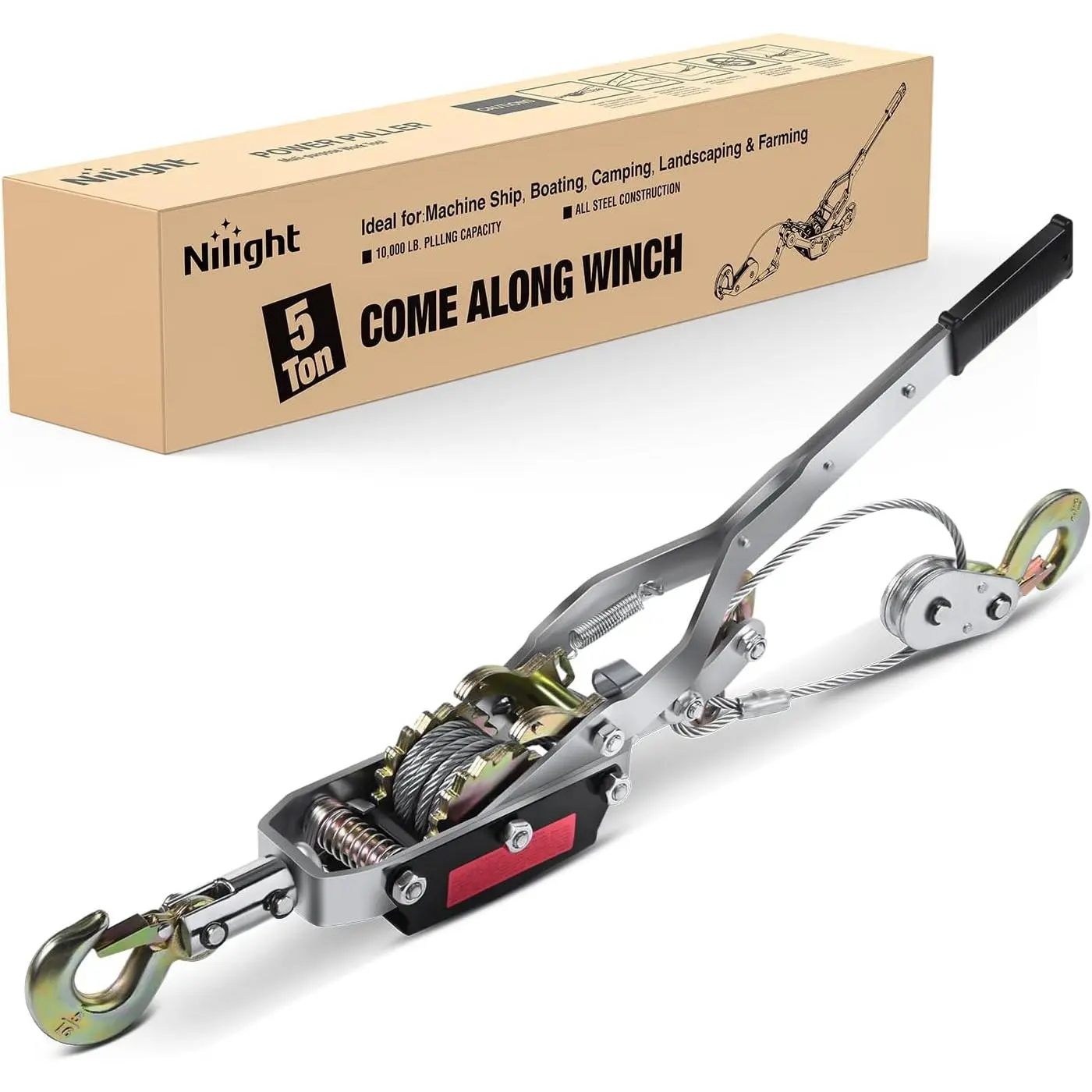 Nilight Heavy Duty Hand Winch Come Along Cable Puller - 5T/10,000 Lbs Double Gear Tool with 10 ft Galvanized Steel Cable, 3 Anti-Drop Hooks for Construction, Road Recovery Automotive Hoist