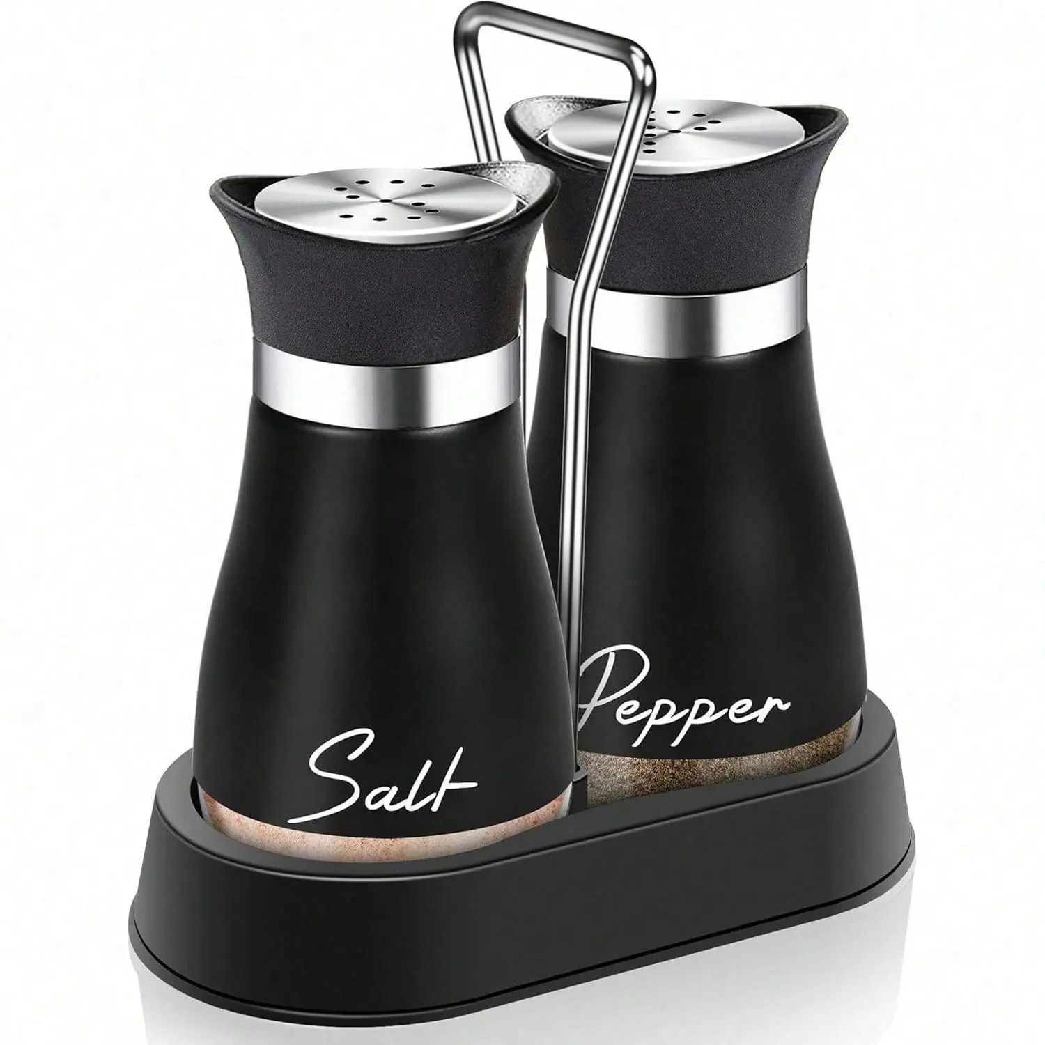 IPKKPI Pink Glass Salt and Pepper Shaker Set with Holder, 4 oz Refillable Containers, Kitchen Decor Accessories, Home Essentials for Mother's Day Housewarming Gifts