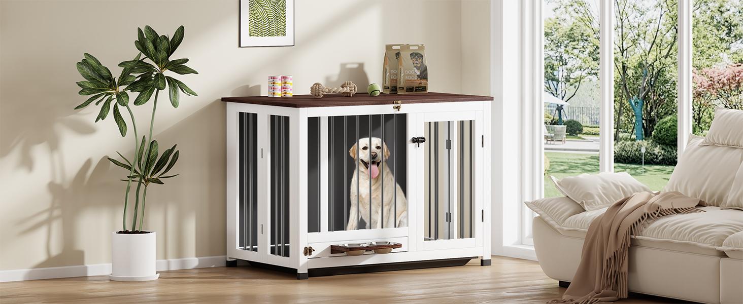 39.4'' Dog Crate Furniture, Foldable Wooden Dog Kennel with 360° Feeder, Detachable Tray, Easy Assembly for Medium & Large Dogs
