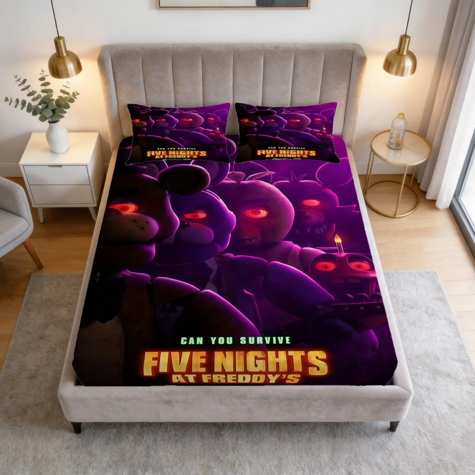Five Nights At Freddy's Printed Pattern Bed Sheet Set, Halloween Micro Terror Theme, 1 Bed Sheet With 2 Pillowcases (Excluding Pillow Core), Available In Multiple Colors, Suitable For Bedrooms, Dormitories, And Guest Rooms, Suitable As Gifts And Decoratio