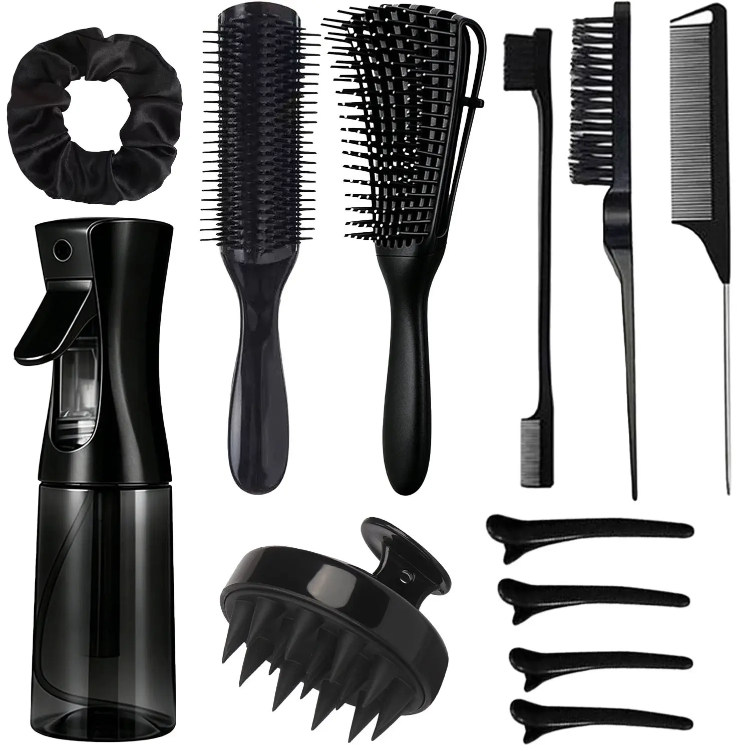Natural Hair Styling Tools Set, Hairdressing Set with Fine Mist Spray Bottle, Detangling Brush, Scalp Massager, Edge Brush, Rat Tail Comb, Hair Clips & Scrunchie for Curly, Coily & Wavy Hair