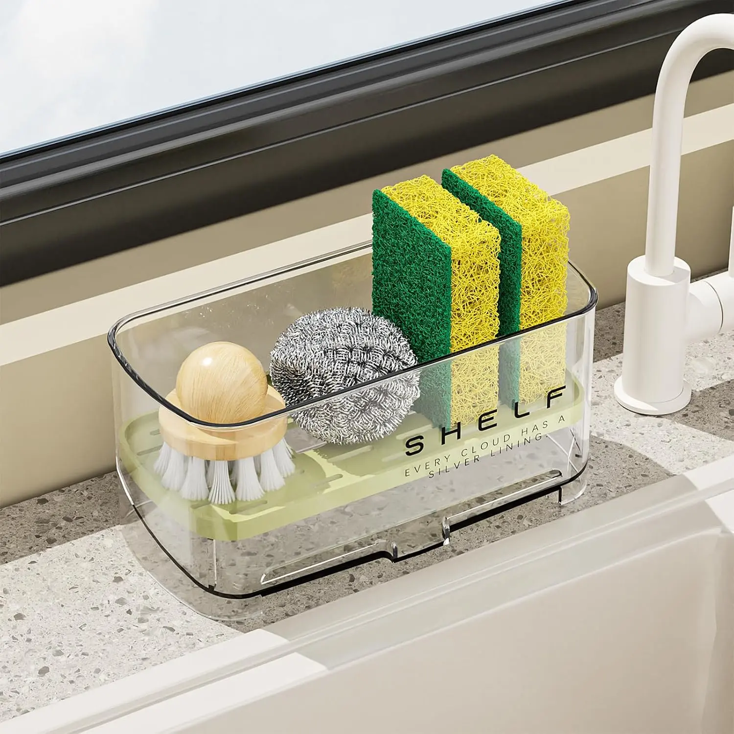Sponge Holder for Kitchen Sink, Clear  Sink Organizer with Auto-Draining Tray, Countertop Sink  for Sponges, Soap, Brush & Cleaning Tools