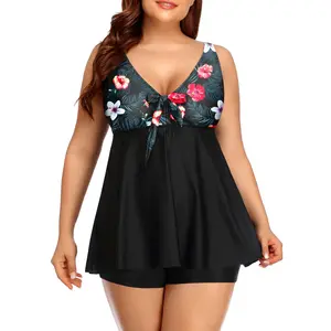 Yonique Women's Plus Size Two Piece Flyaway Tankini Set, V-Neck Full Coverage Tank top with Boy Shorts, Ladies Two Piece Plus Size Tankini Swimwear for Beach Swimming Holiday Vacation