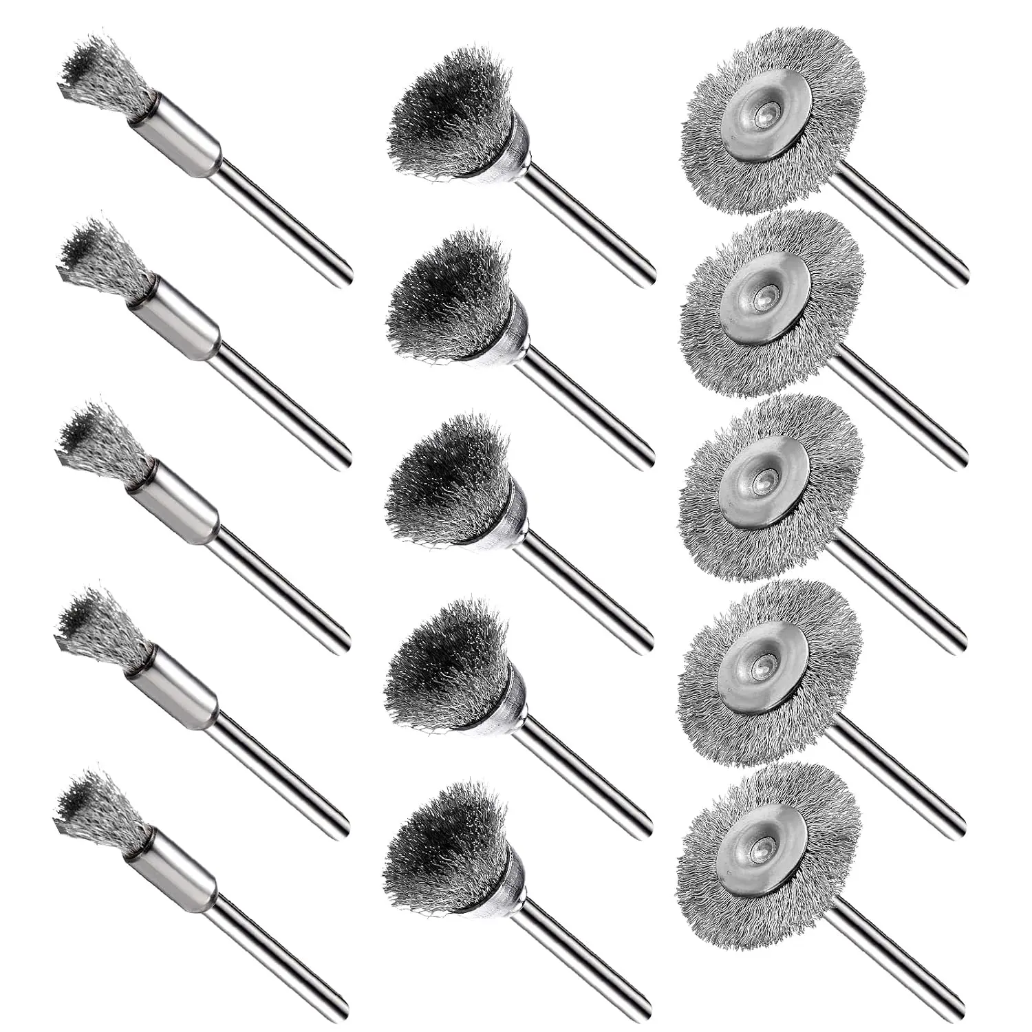 15 count Stainless Steel Wire Brushes, Wire Brush Wheel, Steel Wire Polishing Wheel Kits for  Rotary Tools (1/8 Inch Mandrel)
