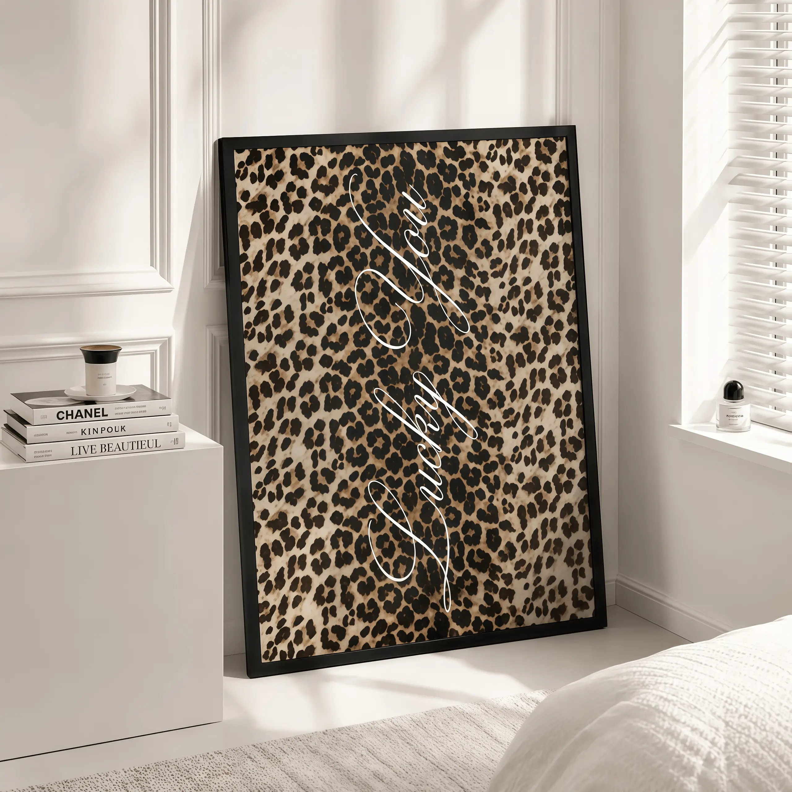 "Lucky You" Leopard & White Poster |   Modern Wall Decor, Leopard Print Wall Art, Animal Pattern Poster, Modern Home Decor, Aesthetic Room Decor, Minimalist Wall Art, Chic Bedroom Decor, Trendy Wall Art, Fashion Inspired Decor, Unique Home Gift