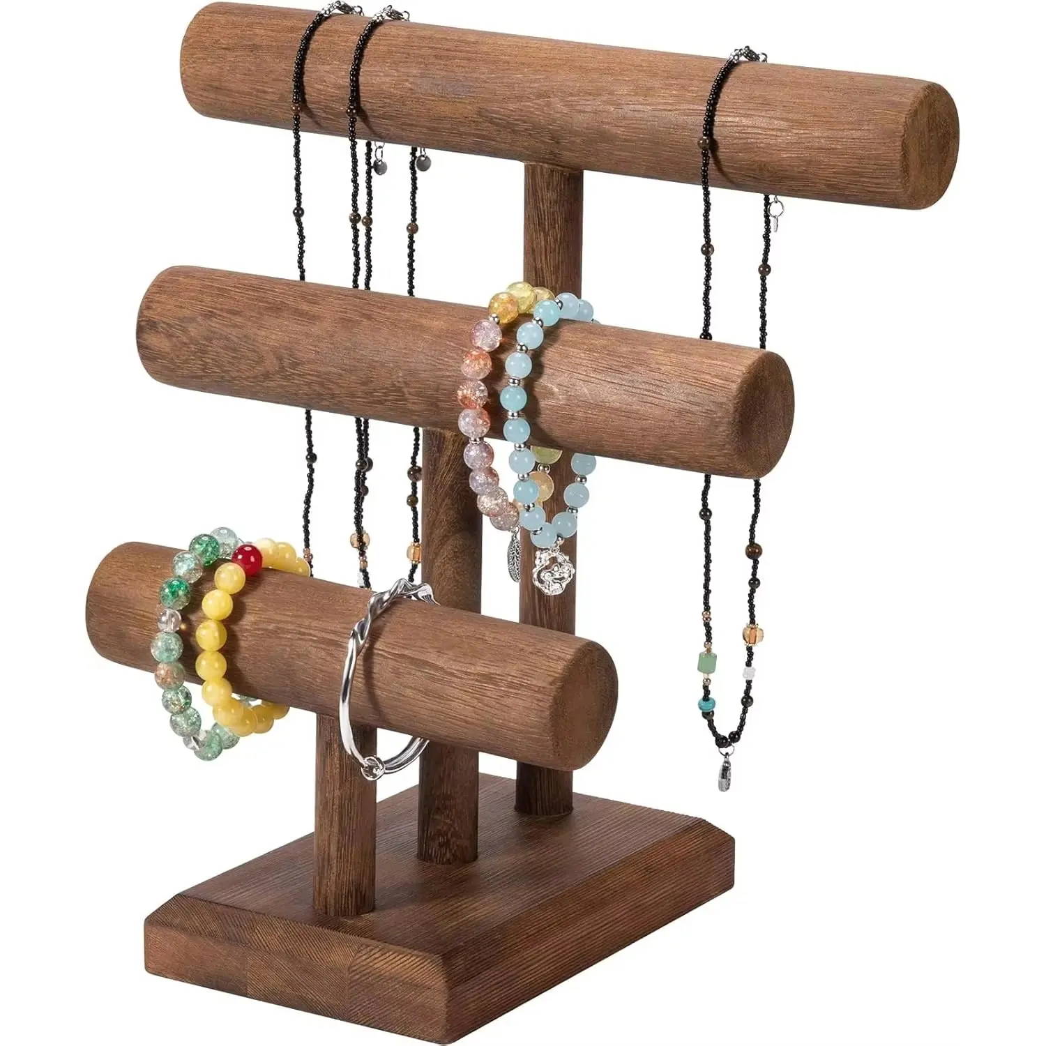 Three-Tier Wooden Bracelet Display Stand, Jewelry Showcase and Storage Rack, T-Shape Bangle Organizer Tower, Ideal for Accessories