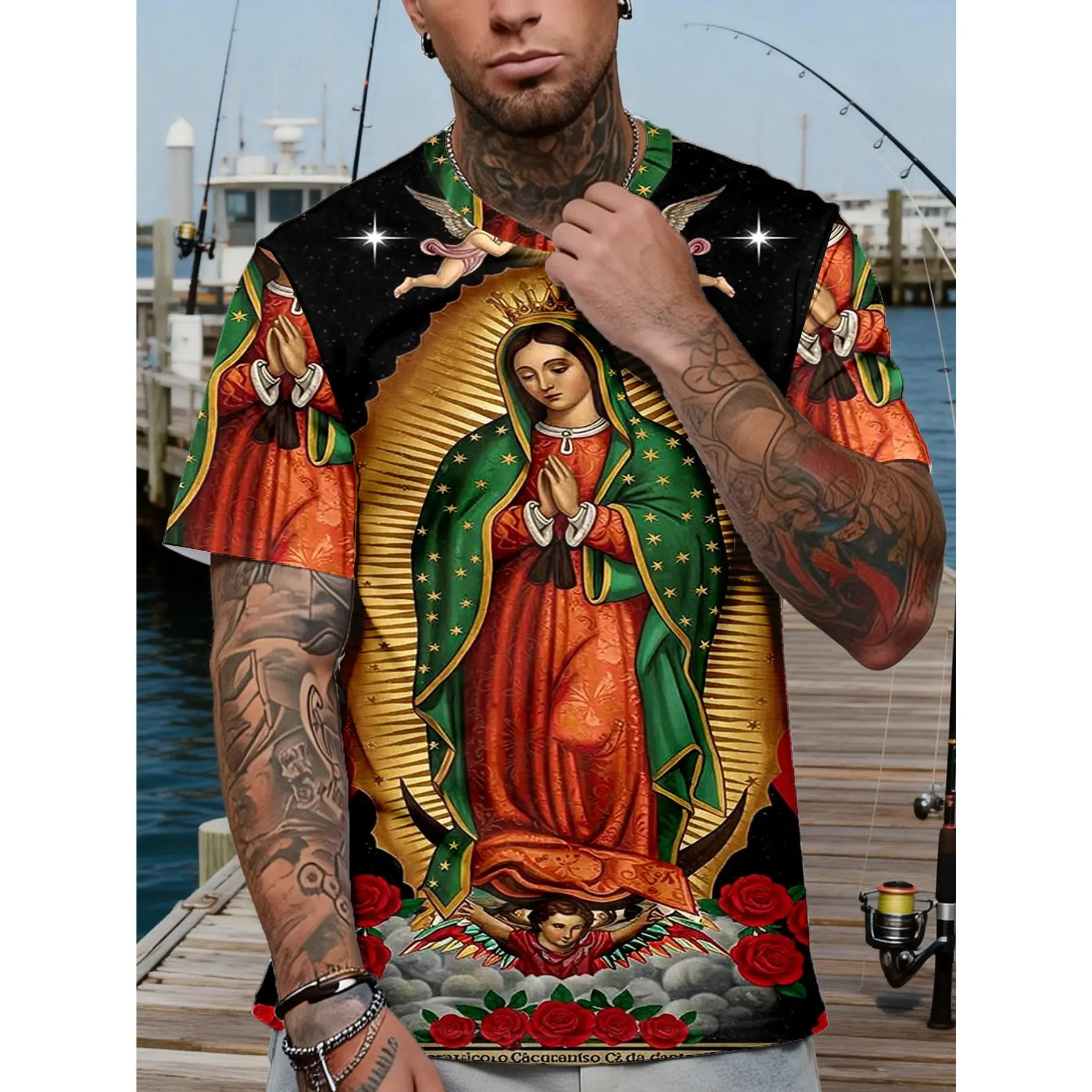 Immaculate Image Golden Halo 3D Print T-Shirt, Our Lady of Guadalupe T-Shirt, Mexican Flag Aztec Calendar Tee, Summer Casual Washable Top, Mexican Pride Patriotic Gift