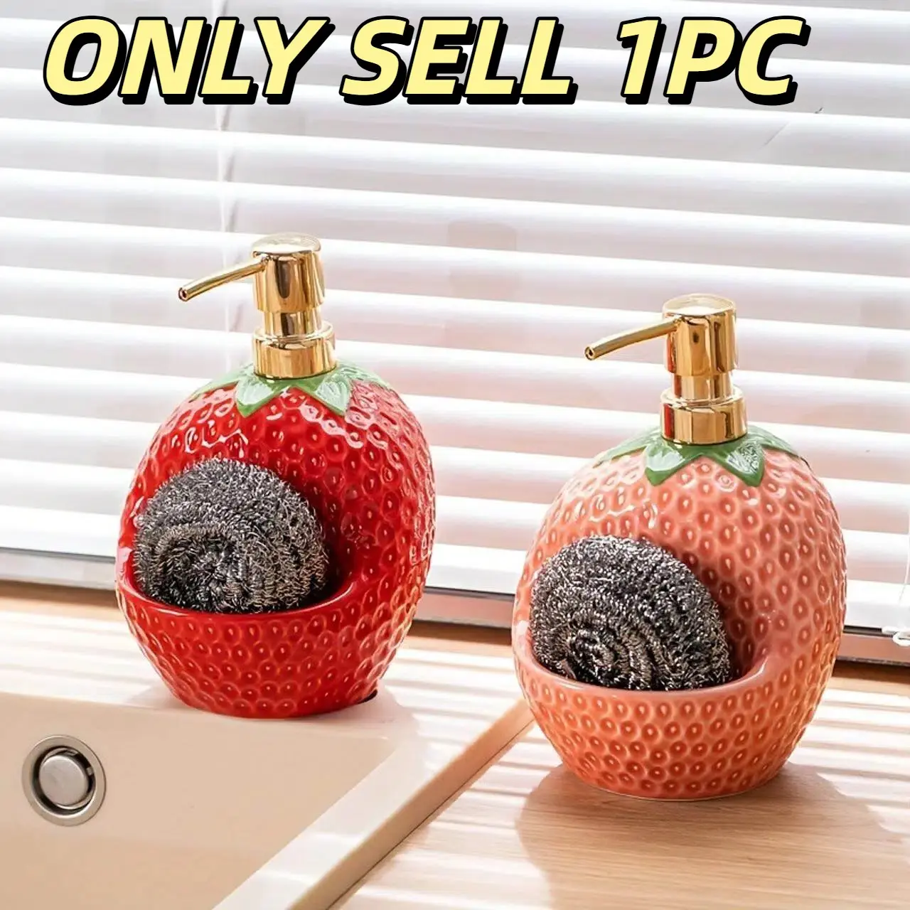 Cute Strawberry Liquid Soap Dispenser Bottle with Storage Slot, Press Type Ceramic Hand Wash Pump for Kitchen Bathroom Use, Soap Container, Bathroom Accessory