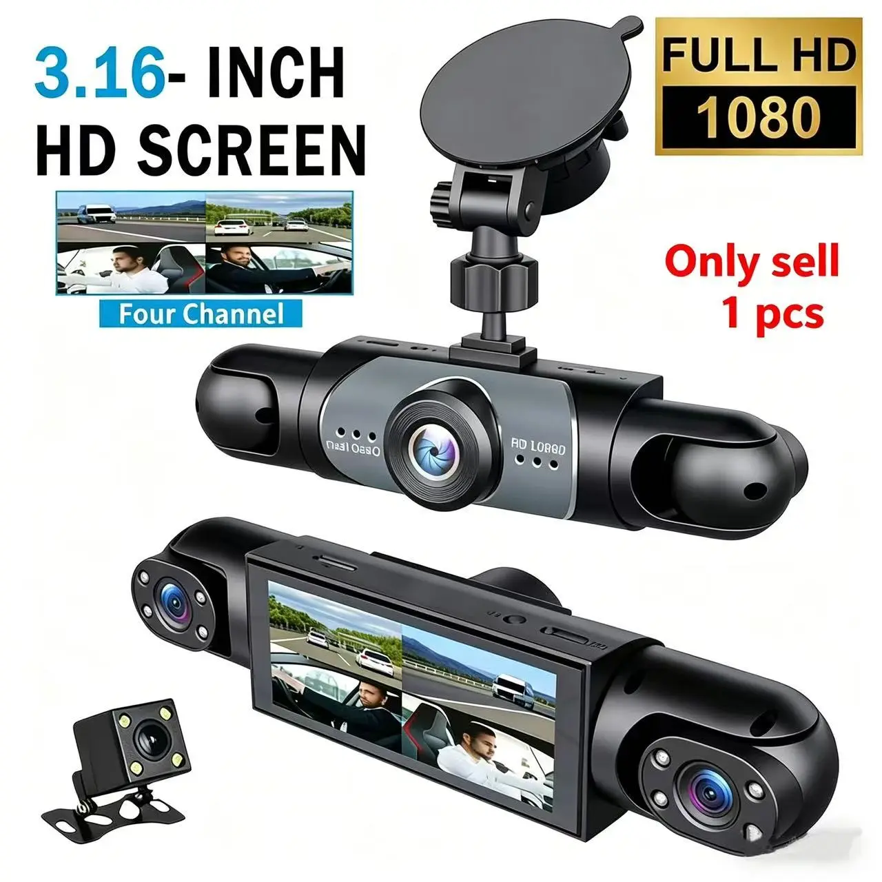 Four-Channel Car Dvr Camera, Car Dash Cam, Dashcam For Cars, 1080P Full HD Screen, Night Vision, Parking Mode, WiFi Connectivity, 64GB Storage Card Included, Car Dashcam