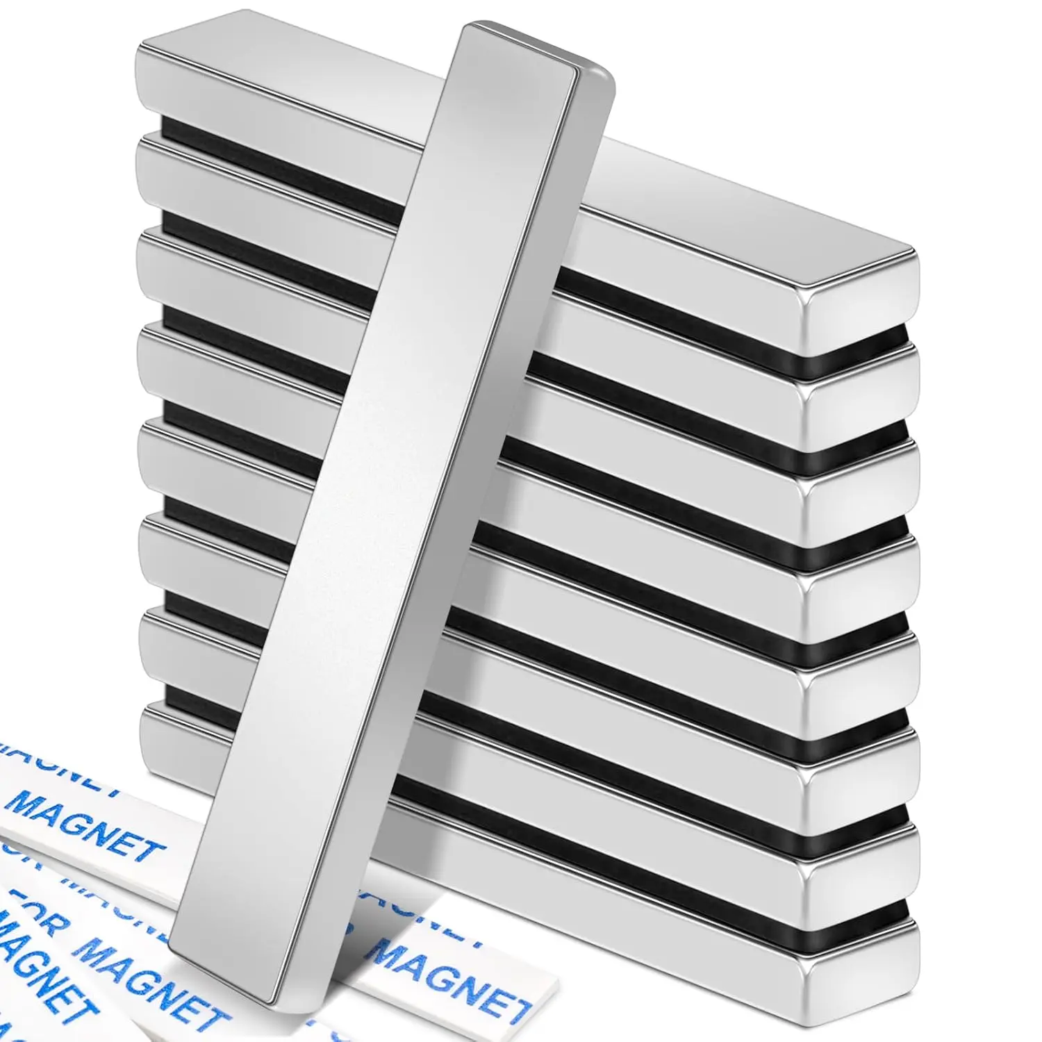 Neodymium Bar Magnets, 9 Pcs 60x10x5 mm Silver Rectangular with Strong Hold Adhesive Backing, for Craft Projects, DIY Users, Whiteboards