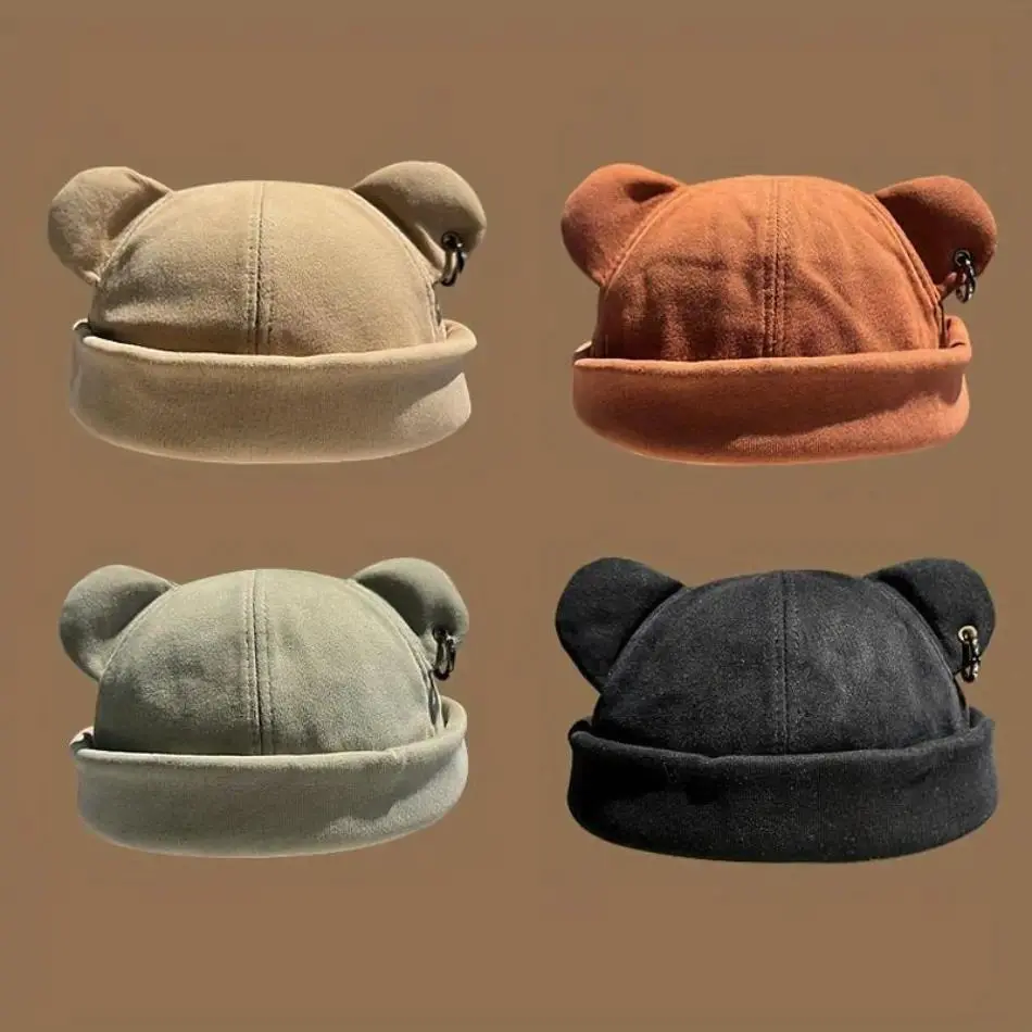 Unisex Bear Ear Beanie Hat, Rolled Cuff Brimless Cap, Machine Washable Cute Animal Hat for Daily Wear