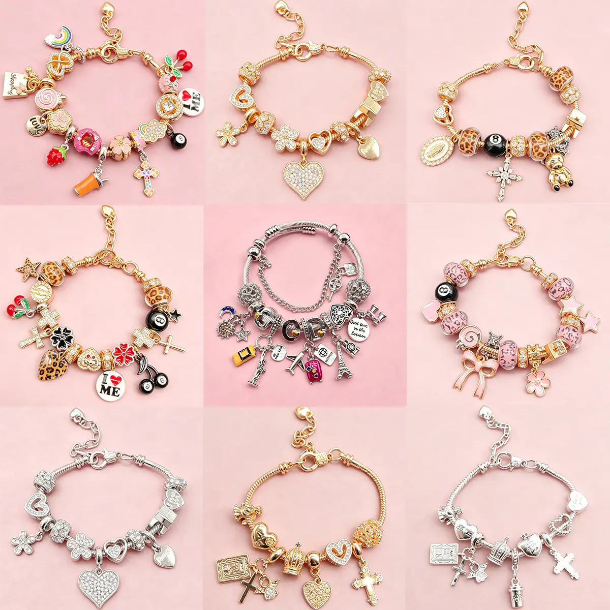 DIY Removable Charm Snake Chain Bracelet for Women, Cherry, Leopard Print, Airplane, Bow & Black 8 Ball Charms, Fashion Stackable Jewelry,Removable Charm Bracelet,Y2K Fashion Charms Bracelet