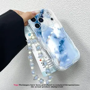 Cold Glacier Wave Phone Case for iPhone 11-17 Pro/promax, Transparent Blue Marble Pattern, Durable Glossy Tpu, with Star Bead Wrist Strap