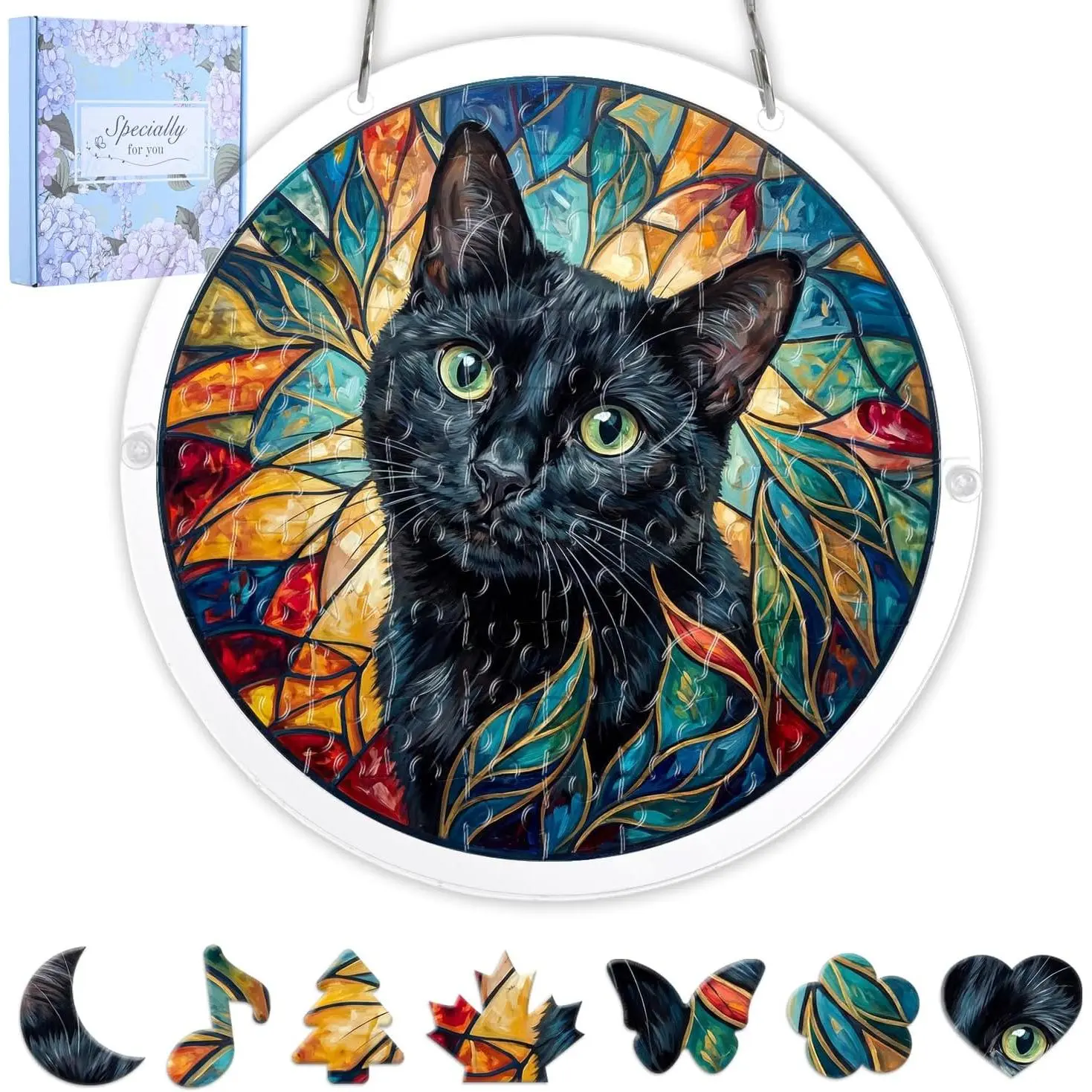 Acrylic Jigsaw Puzzles Suncatcher, Black Cat Sun Catcher Puzzles Kit, DIY Stained Glass Window Hanging Acrylic Suncatcher Home Garden Decor, Cat Lover Gifts for Women Mom, 7.4 Inch