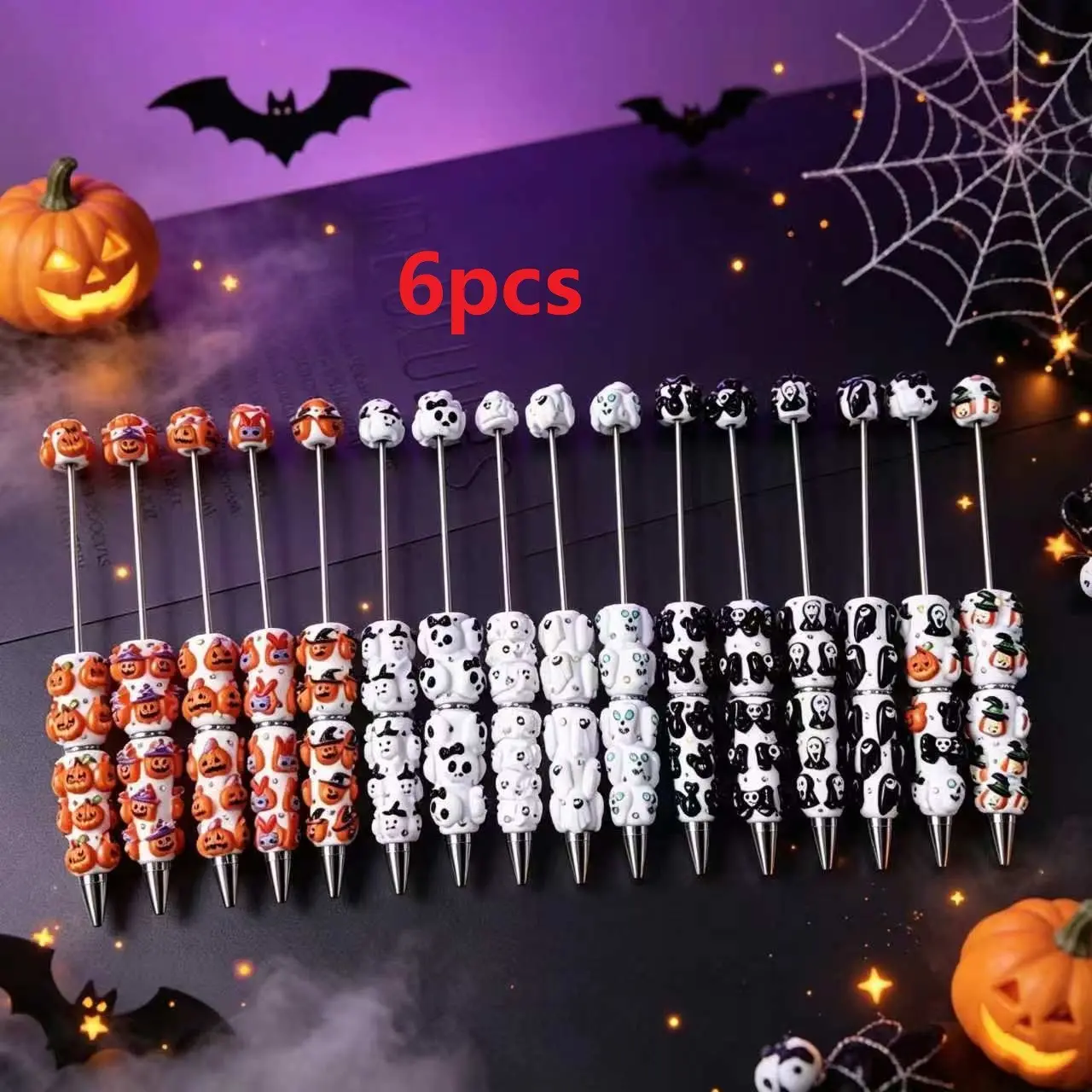 6pcs DIY Halloween Rhinestone Beaded Pens, Ink, Creative Clay Ballpoint Pens, Elegant Pumpkin Skull Gift Pens, Office Essentials, Beadable Pens, Character Beaded Pens