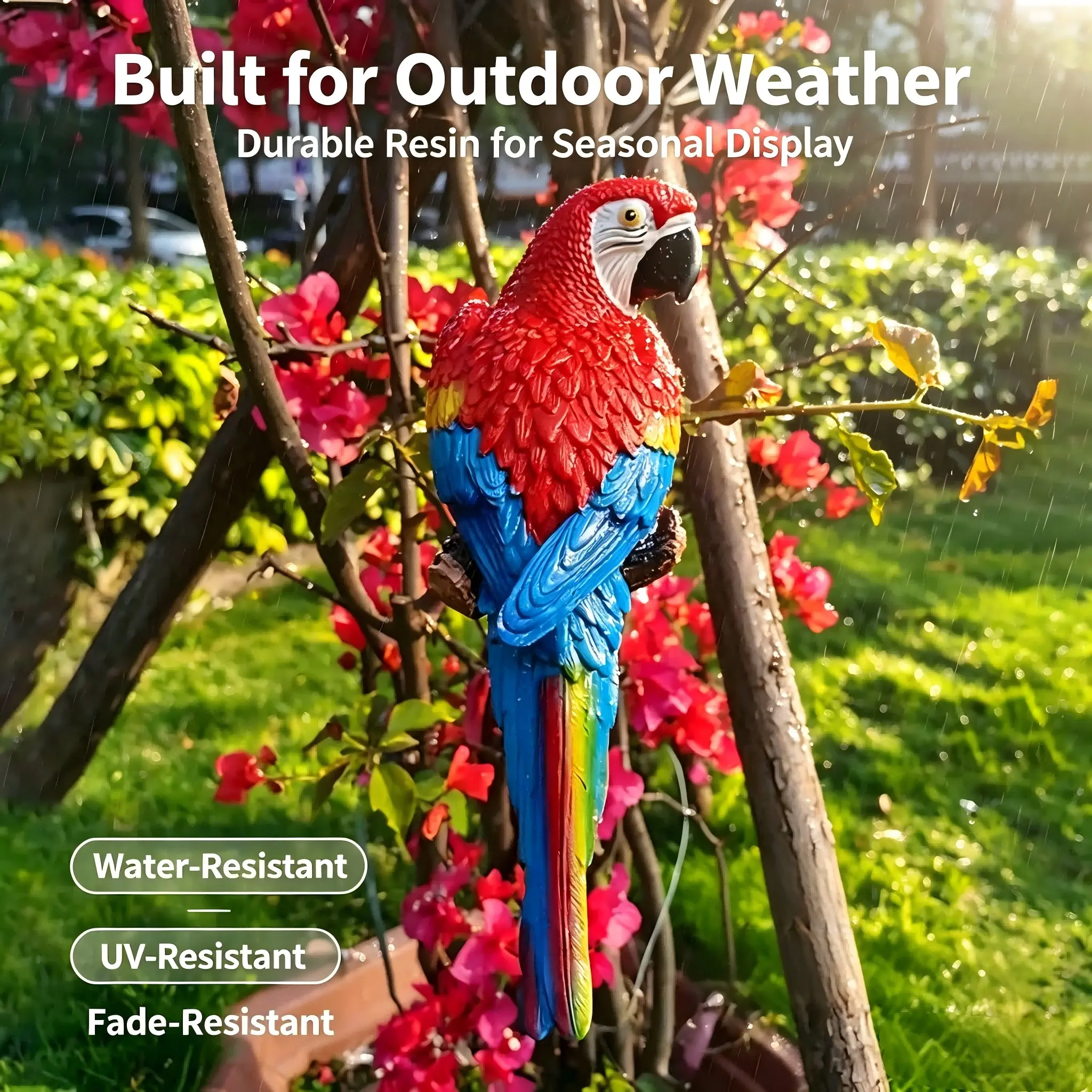 Realistic Resin Parrot Sculpture, 12.5 Inch Artificial Parrot Decor, Tropical Bird Ornament for Garden, Patio, Wall, Blue Colors, Outdoor Garden Accessory