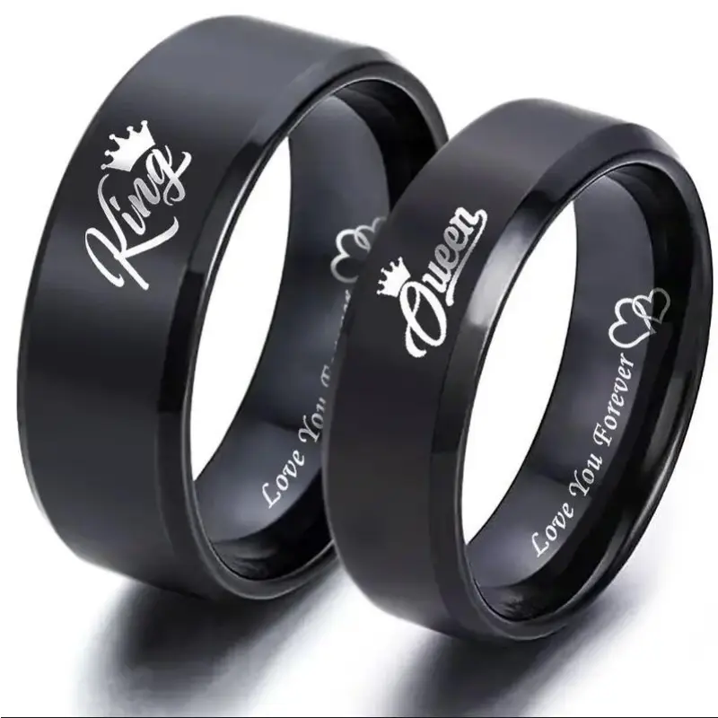King & Queen Engraved Couple Ring Set, Black Plated Promise Rings with Crown & Pinky Promise Design, Matching His & Hers Wedding Bands