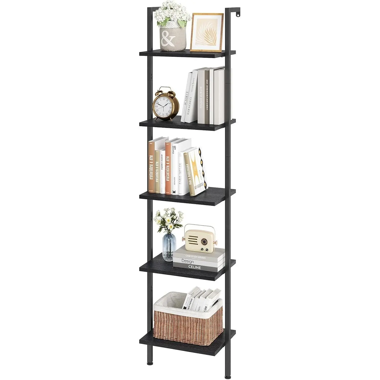 Vintage 5-Tier Wood & Metal Wall-Mounted Ladder Shelf, Open Display Organizer Rack, Leaning Storage for Living Room, Home Office