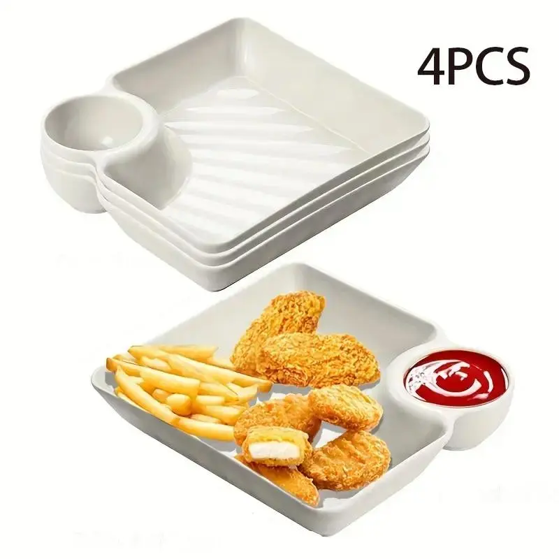 4-Piece Plastic Dumpling Plates with Sauce Compartment, Salad Serving Plates, Platters for Serving Food Party, Tableware, Dishwasher Safe Tableware, Party Plates, Snack and Sushi Dishes for Appetizers, Tortilla Dip, Fruit, Parties and Picnics