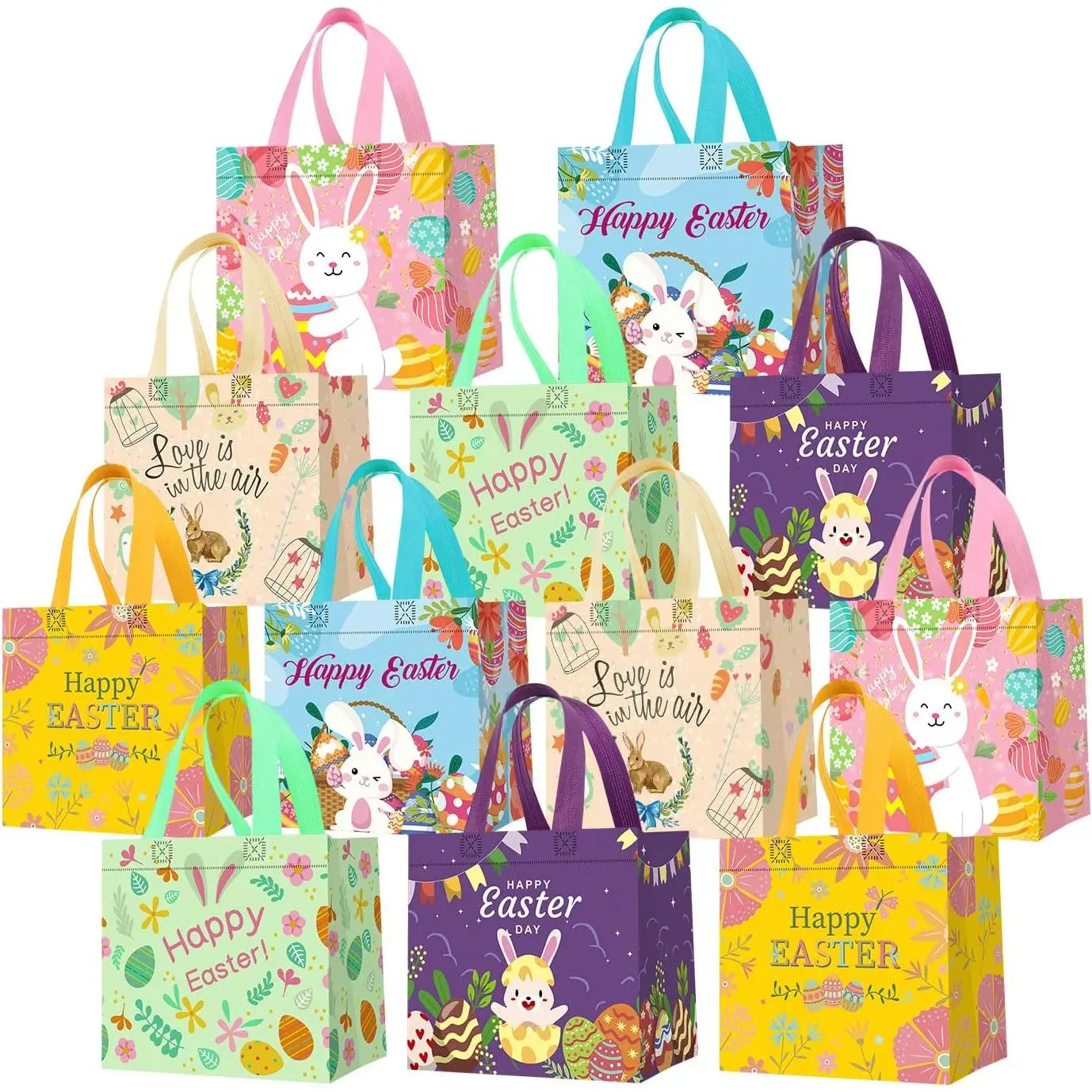 12Pack Easter  Bags with Handles, Easter Egg Hunt Bags,  Non-Woven Easter Bags, Easter Bunny Bag, Easter Tote Bags for  Classroom, Egg Hunt , Easter Party Favors 8.3"×7.9"×5.9"