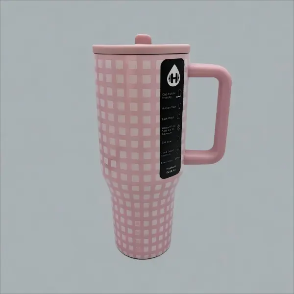 HydroJug Pink Gingham 40oz Insulated Tumbler With Handle & Straw, Stainless Steel Vacuum Travel Mug, Large Capacity Leakproof Car Cup Holder Friendly Ichot cold drink cuped Coffee Water Cup For Women Drinkware Flasks Lid Aesthetic