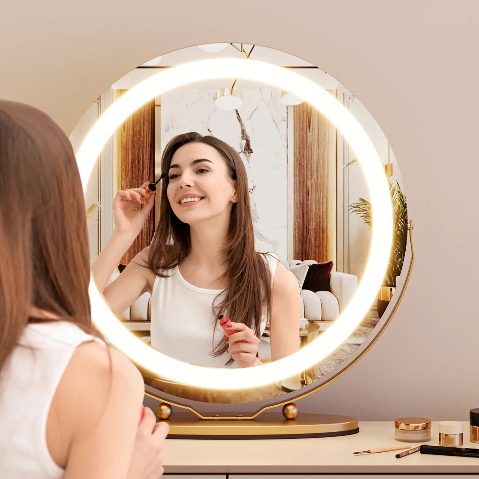 19-Inch Round LED Vanity Mirror with Round 19” LED Light Strip, 3-Color Dimmable Lights, Smart Touch Control, 360° Rotatable Durable Aluminum Frame, Wall Mount & Tabletop Use, Elegant Glass Home Decor for Bathroom, Black/Gold Available