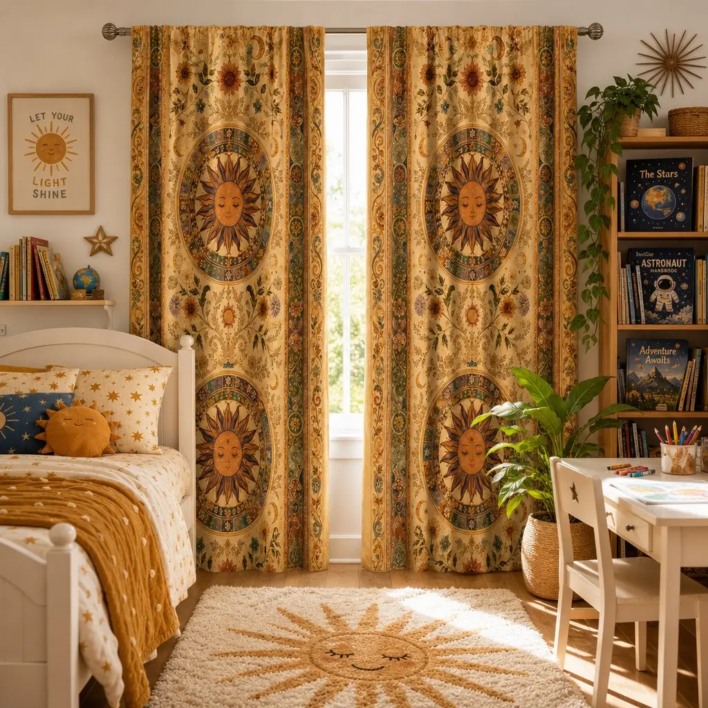 2-piece Bohemian vintage-style sun motif printed semi-transparent curtains, hung with rods and bags, high-definition digital printing, washable by hand and machine, no hooks, suitable for home decoration in living room, bedroom and study areas.