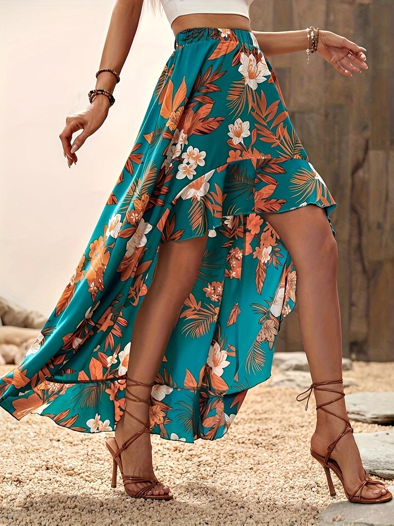 Women's Floral Print High Low Hem Skirt, Boho Ruffle Trim Elastic Waist Short Skirt for Beach Holiday Vacation, Ladies Summer Clothes, Boho Fashion Skirt, Womenswear