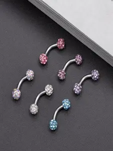 6 Pcs Belly Button Ring Set Sparkling & Trendy Style (14 Gauge Stainless Steel, 6mm Short Bar, Shiny Crystal/Steel Ball Designs, Safe & Rustless) for Women & Girls (Belly Piercing Styling, Daily Wear & Party Looks)