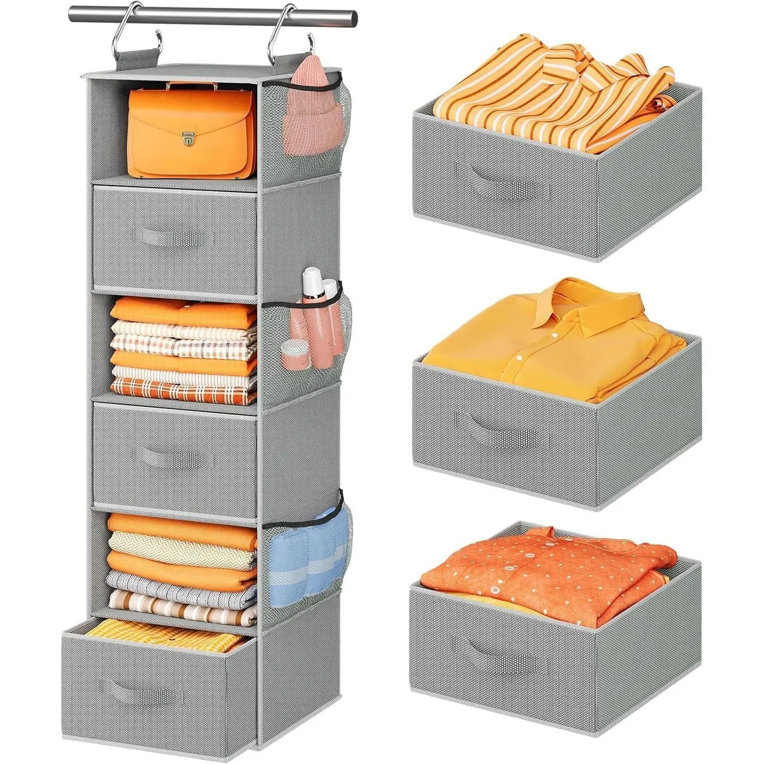 Hanging Closet Organizer 6-Shelf, Hanging Shelves for Closet with 3 Removable Drawers & Side Pockets for Bedroom, Garment Rack and Wardrobe Organization, 12' x 12' x 43.3', Dark Gray