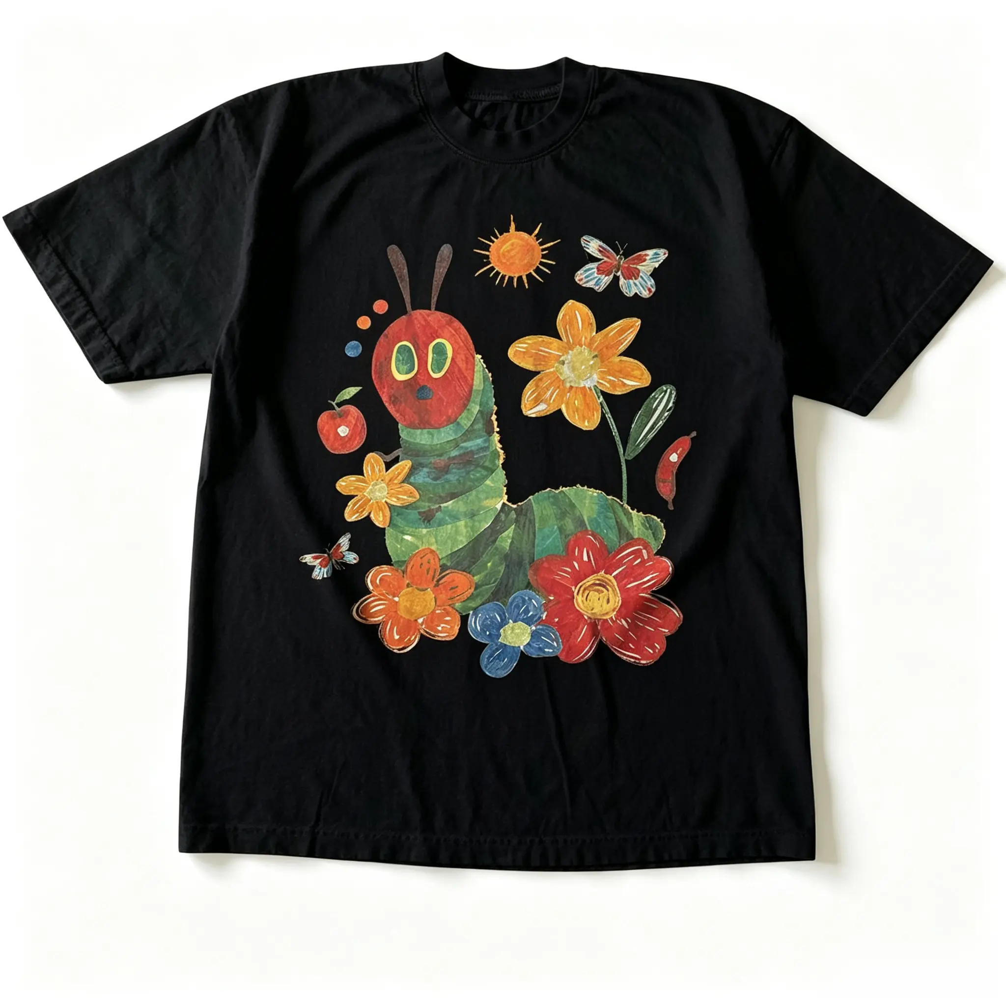 Men's and Women's T-Shirt, Vintage Style Flowers And Caterpillar Teacher Graphic Tee, Unisex Casual Top, Preschool Elementary Teacher Shirt, Cute Storybook Insect Floral Apparel, Matching Couples Outfits, Unique Birthday Present, Premium Cotton