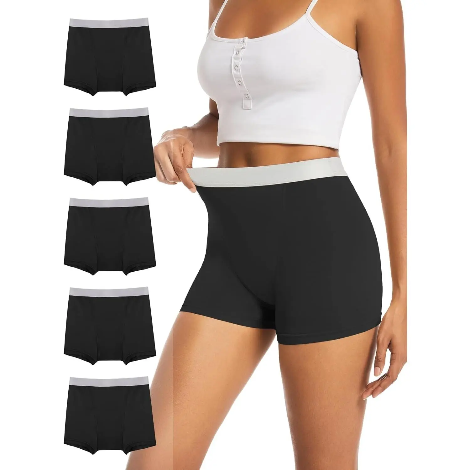 Women's High-Waist Stretchy Rayon Fabric Leakproof Period Panties 5-Pack, Heavy Flow Boyshorts, 50 ML Absorbency, Reusable Washable PFAS-Free Menstrual Protection