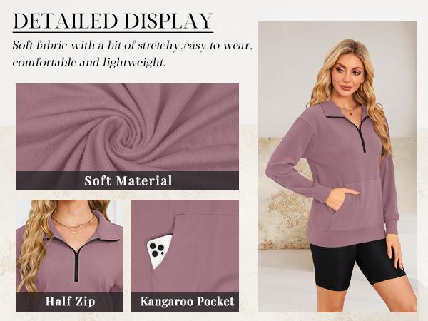Women's Half Zip Sweatshirt Hoodless Hoodie Stand Collar Fleece Longsleeve Oversized Casual Style Pullover with Kangaroo Pocket Basic Minimalist Tops
