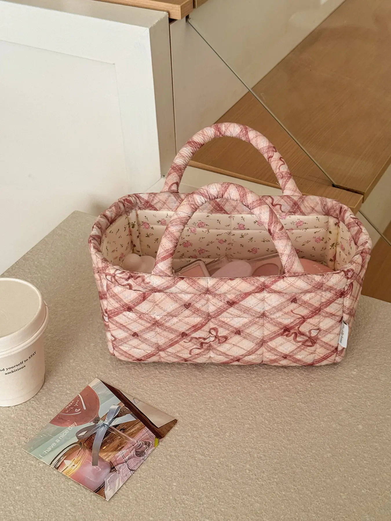 Car Organizer Basket, Rhombus Bow Storage Basket, New Desktop Snack Miscellaneous Organizer, Quilted Fabric Home Storage Basket