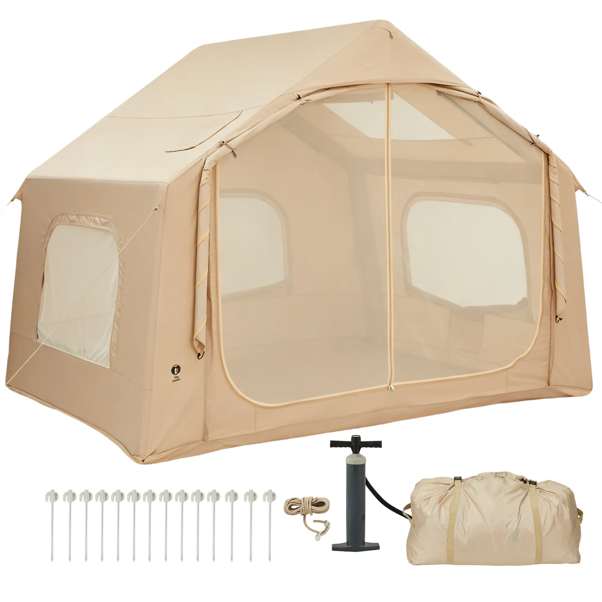 Inflatable Camping Tent with Stove Jack, 3-5 Person Waterproof Blow Up Hot Tent with Hand Pump, 5-Minute Easy Setup 210D Oxford Family Air Tent with TPU Air Beams, Skylight, Mesh Doors and Windows for Winter Camping, Glamping and Outdoor Parties