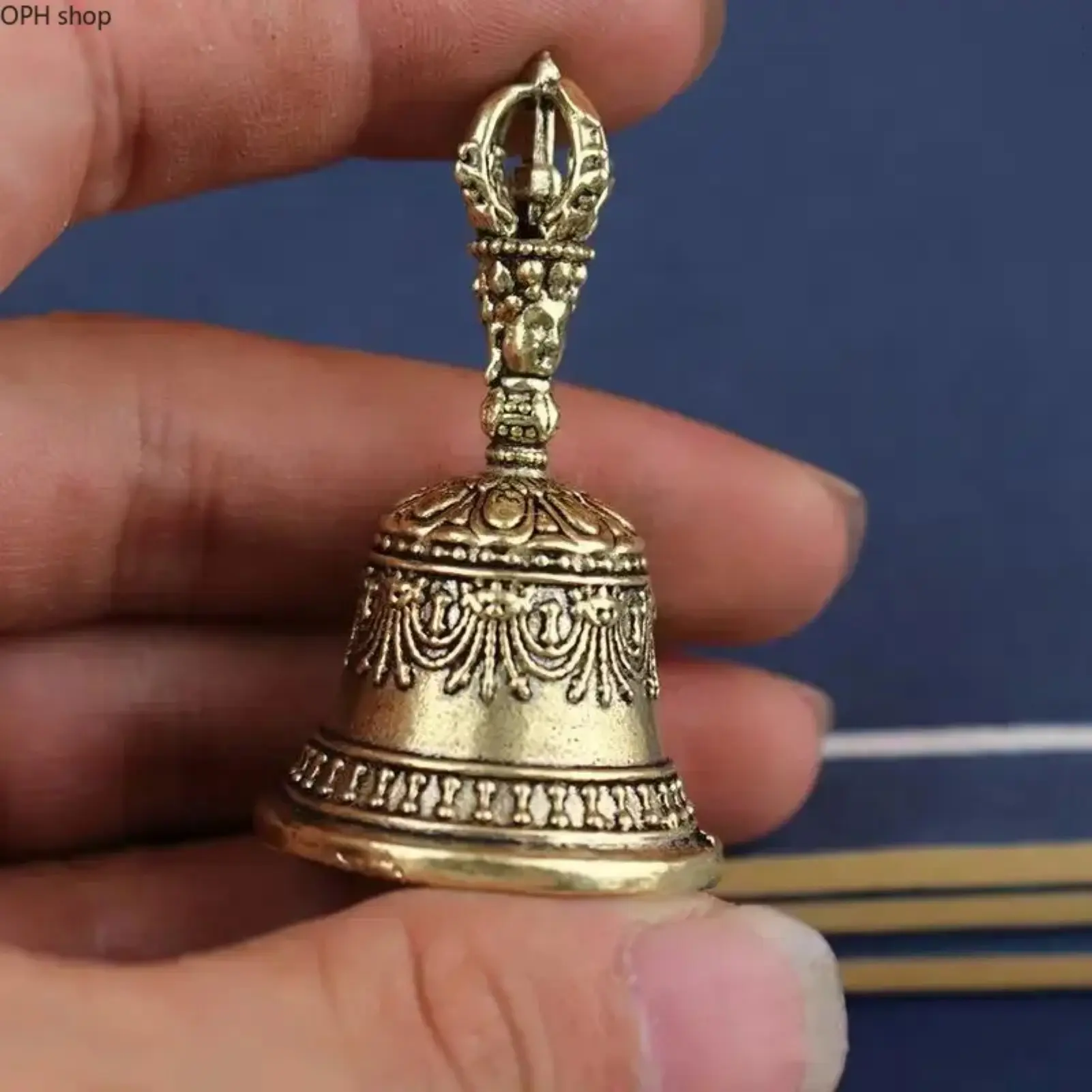 Small Artisanal Hand Bell with Ornamental Carvings, Vintage Bronze Instrument for Meditation and Home Decor