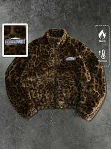Vintage Leopard Print Fleece Stand Collar Zipper Jacket, Challenge Brand Y2K Millennium Warm Coat, Retro Style Outerwear