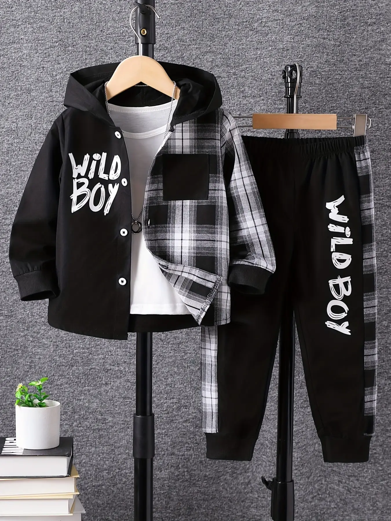 Boys' Fashion Outfits Set Autumn Winter Patchwork Print Plaid Hoodie Long Pants Two-Piece Outfit Sets, Casual Kids Clothing for Middle School Students