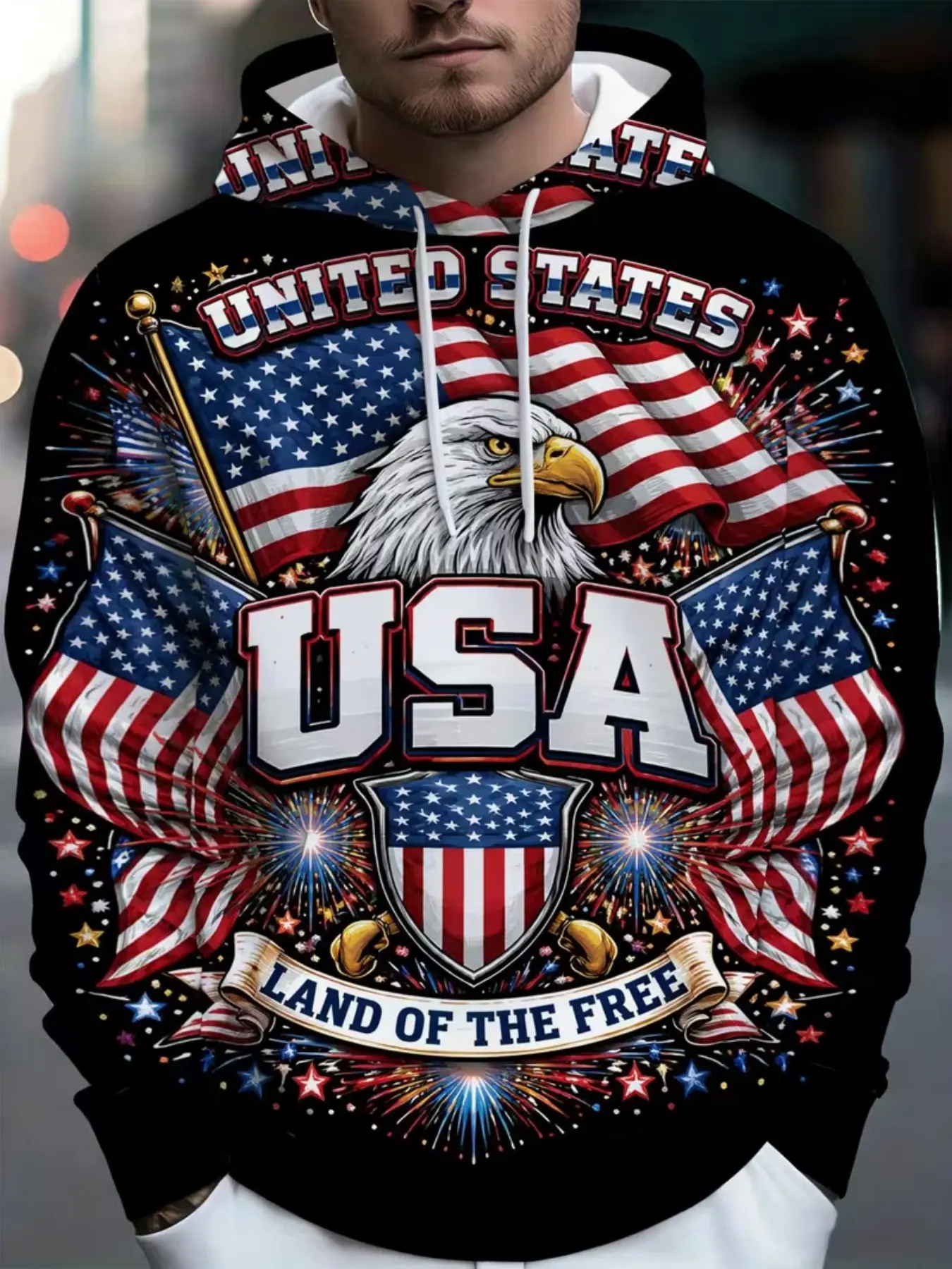 Usa Eagle Flag Fireworks Shield 3D Print Hoodie, Men's Independence Day Patriotic Loose Pullover, Long Sleeve Casual Fitted Hoodie, All Season Pullover, Casual Graphic Streetwear, Casual Pullover Hoodies