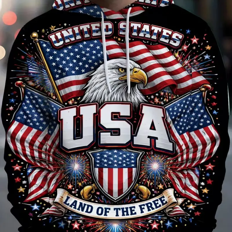 Usa Eagle Flag Fireworks Shield 3D Print Hoodie, Men's Independence Day Patriotic Loose Pullover, Long Sleeve Casual Fitted Hoodie, All Season Pullover, Casual Graphic Streetwear, American Street Wear, Casual Pullover Hoodies