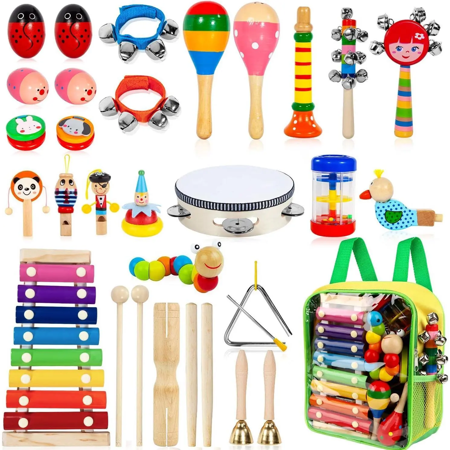 Kids Unisex Colorful Wooden Percussion Instruments Set - 33Pcs 18 Types with Tambourine & Xylophone, Preschool+ Educational Early Learning Toy, Safe Reliable, Promotes Child Development, Produces Beautiful Sounds