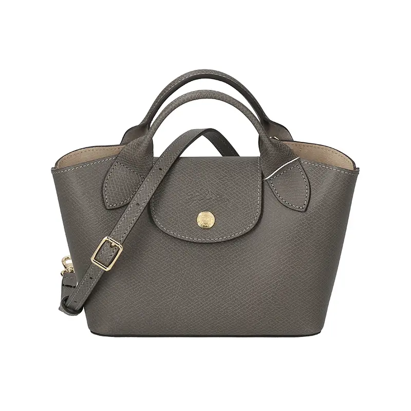 Longchamp Le Pliage Mini Crossbody Bag for Women – Genuine Leather, Metallic Gold Logo, Dark Gray