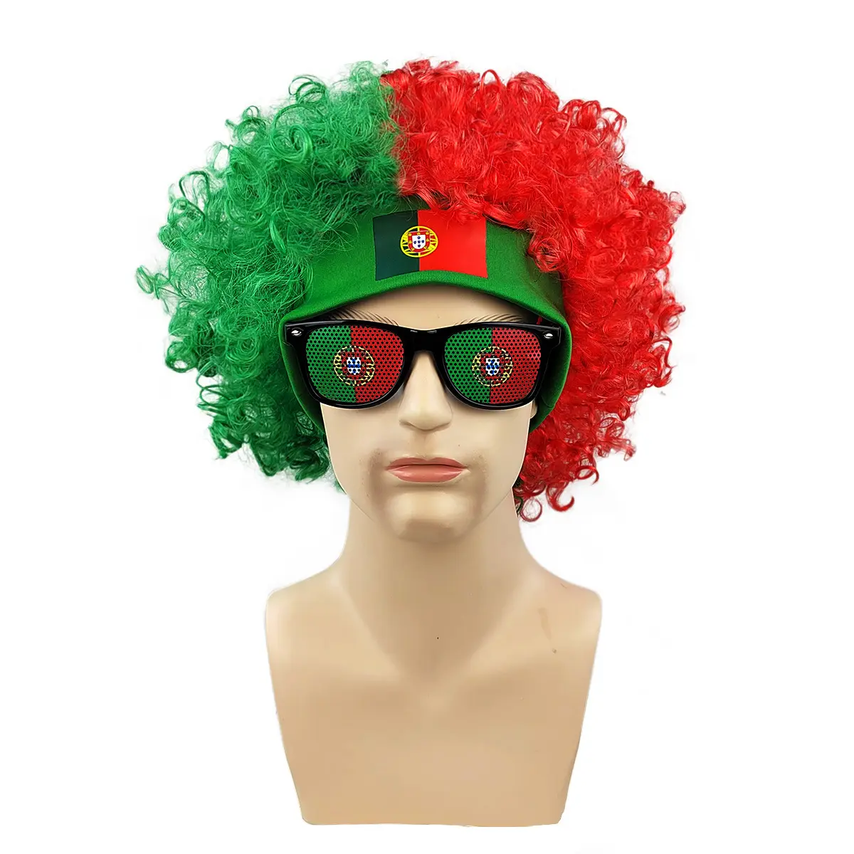 Portugal Flag Green Red Crest Curly Afro Wig And National Flag Sunglasses Set, Patriotic Fan Costume Accessory, Victory Celebration Gift For Football Game National Day Fan Parade And National Team Support Outfit