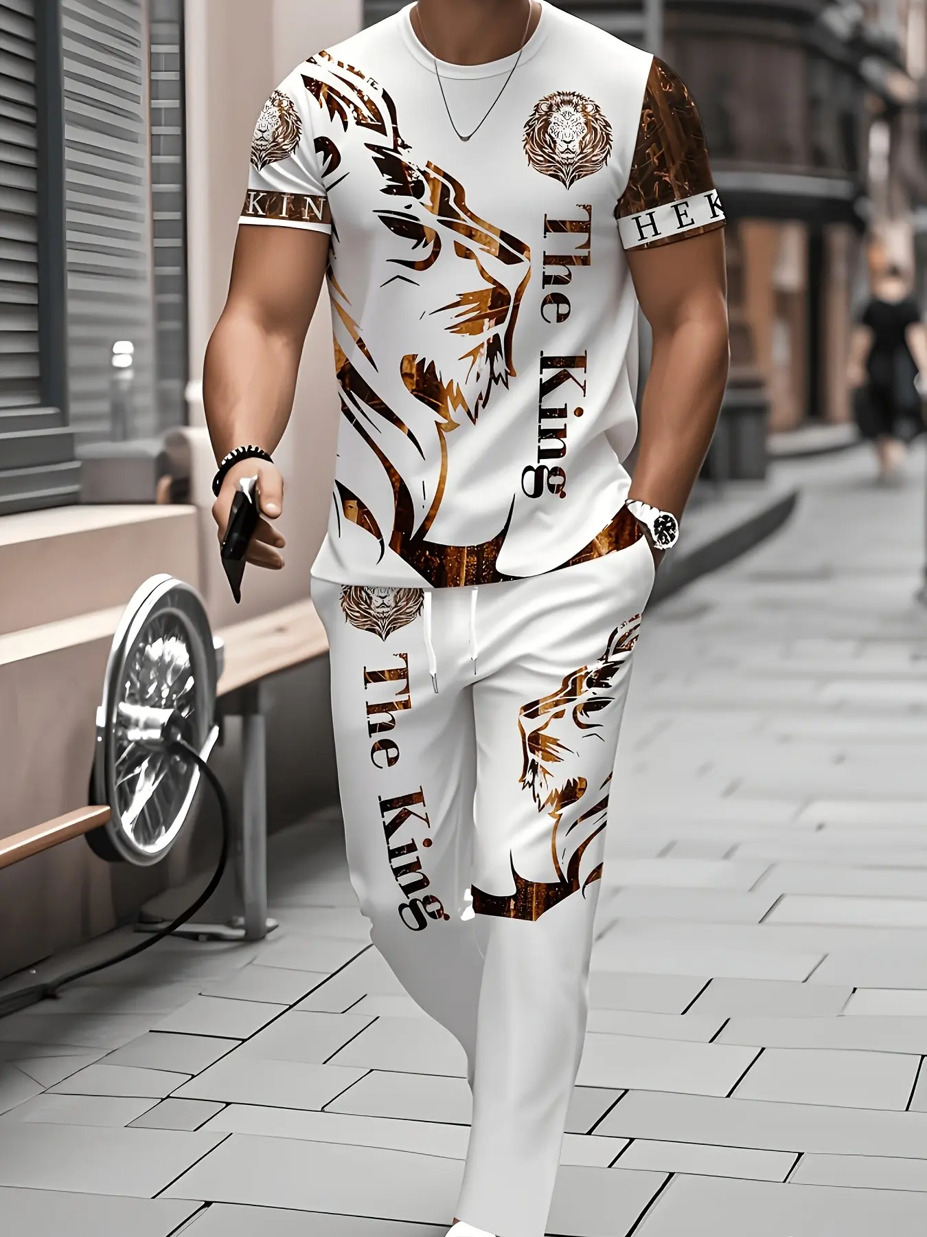 Men's Simple and Versatile Suit: Two-piece set including a printed crew neck short-sleeved T-shirt and drawstring trousers, suitable for all occasions.