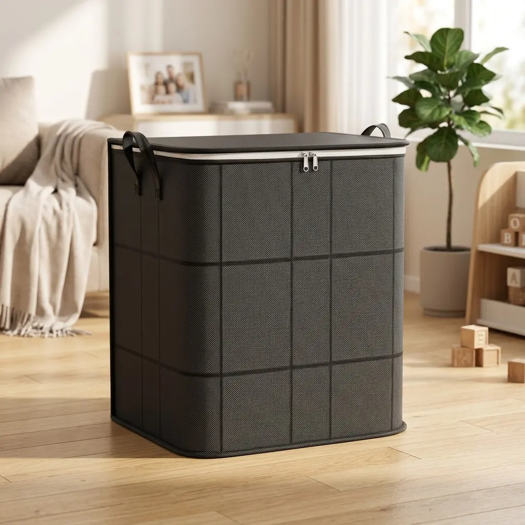 Thick Large Cotton Blanket Storage Box, Side Sealed Organizer, Handle, Easy Folding, Space Saving, Plaid Design, Collapsible Containers