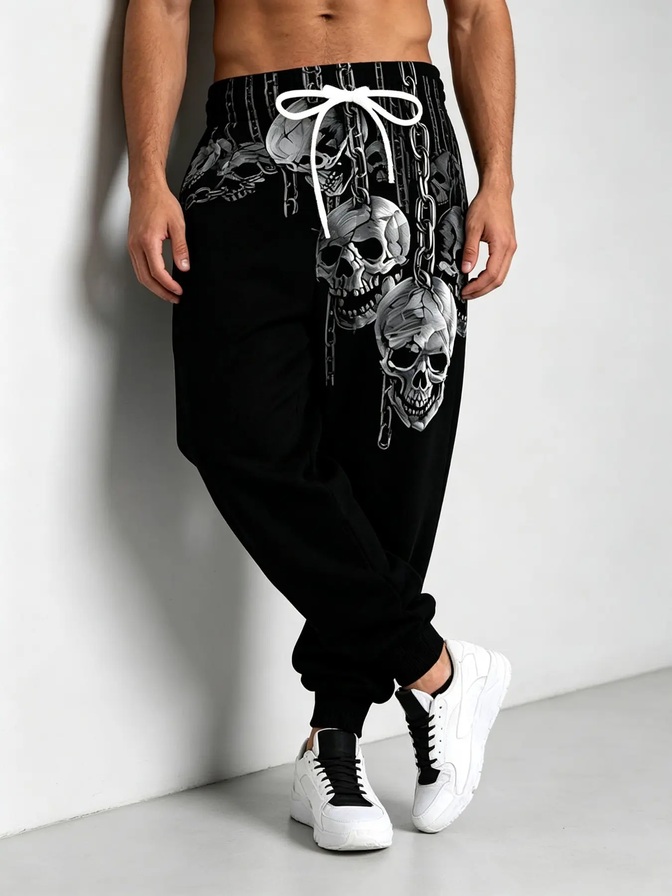 Men's Boho Style Sweatpants, All over Print, Loose-Fitting, Spring & Fall, Dark Heavy Metal Chain Skull Design, Drawstring