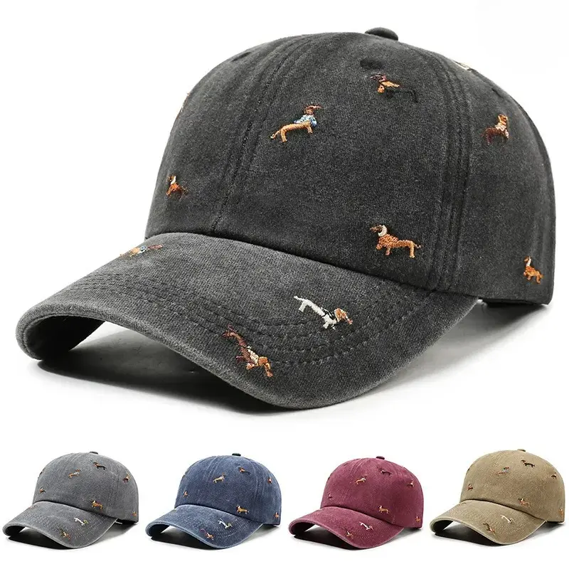 Unisex Distressed Dad Hat with Full-Body Dachshund Embroidery, Vintage Washed Fabric, Structured Curved Brim, Wide Sweatband Design, UV Protection, Adjustable 56-60cm, Outdoor/Everyday Wear for Dog Lovers (Black, Red, Grey)