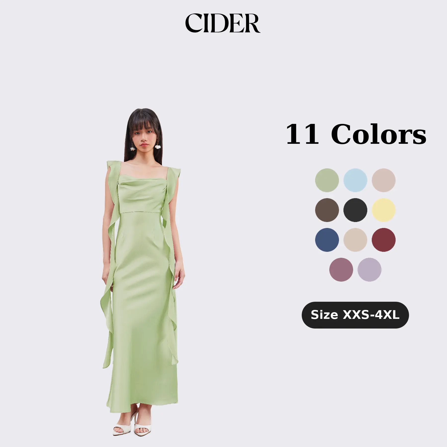 Cider Satin Cowl Neck Solid Ruffle Hem Maxi Dress SohoChic