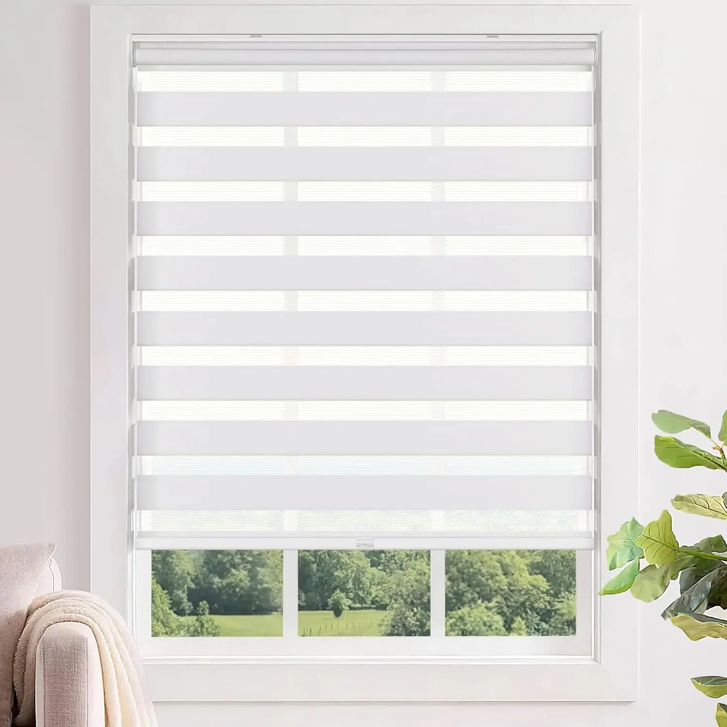 No Tools No Drill Cordless Zebra Blinds 36x48 White, Dual Layer Day & Night Light Control, Light Filtering Privacy Roller Shades for Home