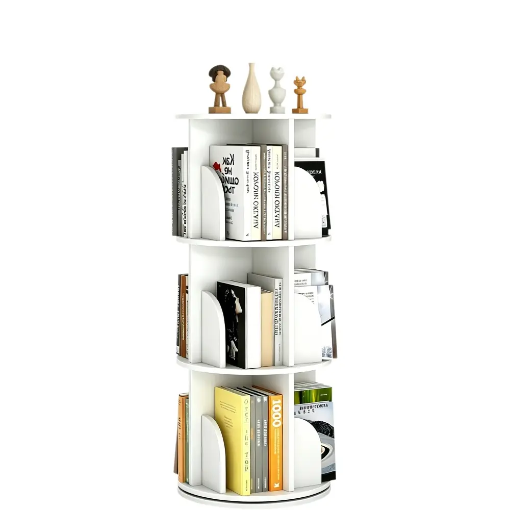Littleox Rotating Bookshelf, PVC Bookshelf, 360 Display Spinning Bookcase Storage Rack, 3 Tier Floor Standing Revolving Bookcase Narrow Book Shelf Organizer for Small Space, Bedroom, White